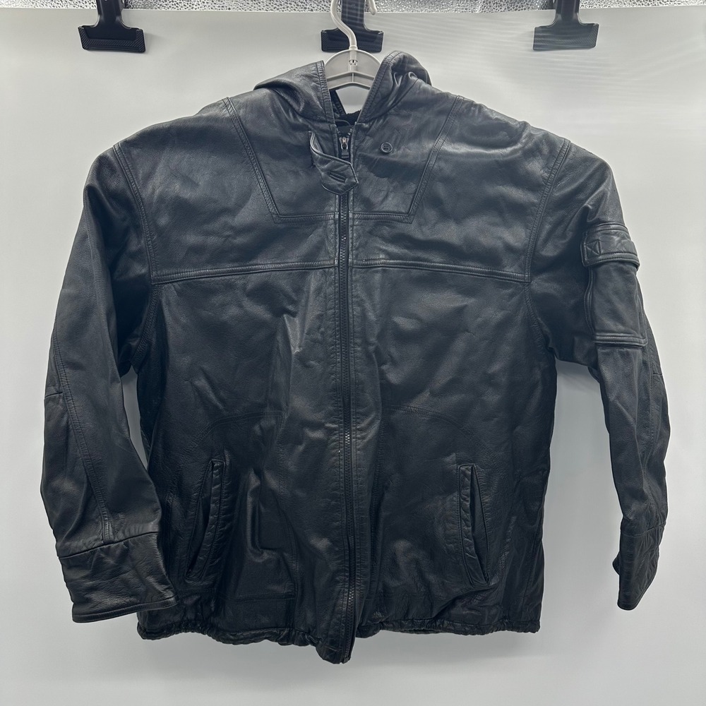 Wilsons Leather Maxima Mens Large Black Hooded Zip Jacket Fleece Lined Bomber